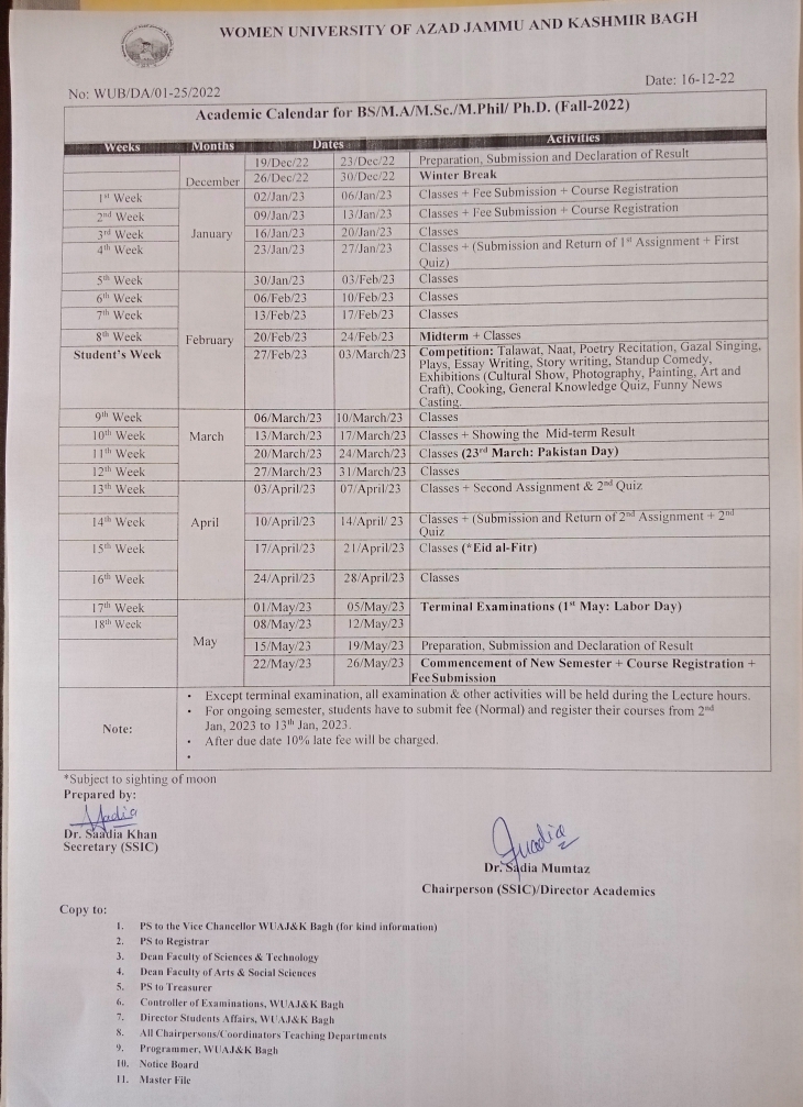 General Academic Calendar